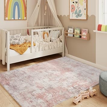 Area Rugs 4x6 Pink/Gray Washable Rug for Living Room, Dining Room, Bedroom, Large Carpets, Non Slip & Non-Shedding Low Pile Vintage Print Rug for Home Office Decor