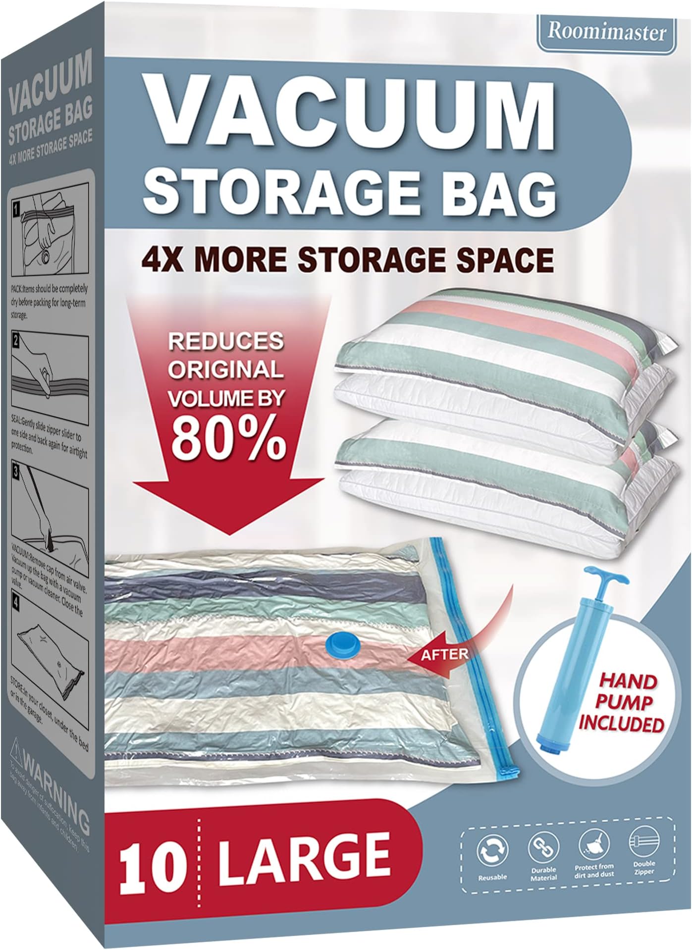 Roomimaster Vacuum Storage Bags, Vacuum Seal Space Saver Bags for Clothing, Travel Lugggage,Carry-on, Blankets, Comforters, Pilow, Bedding, 10 Large