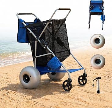 13-inch Balloon Wheel Beach Cart, Foldable Stroller with Big Wheels for Sand, Removable Tote Bag, Holds 4 Chairs and Umbrella