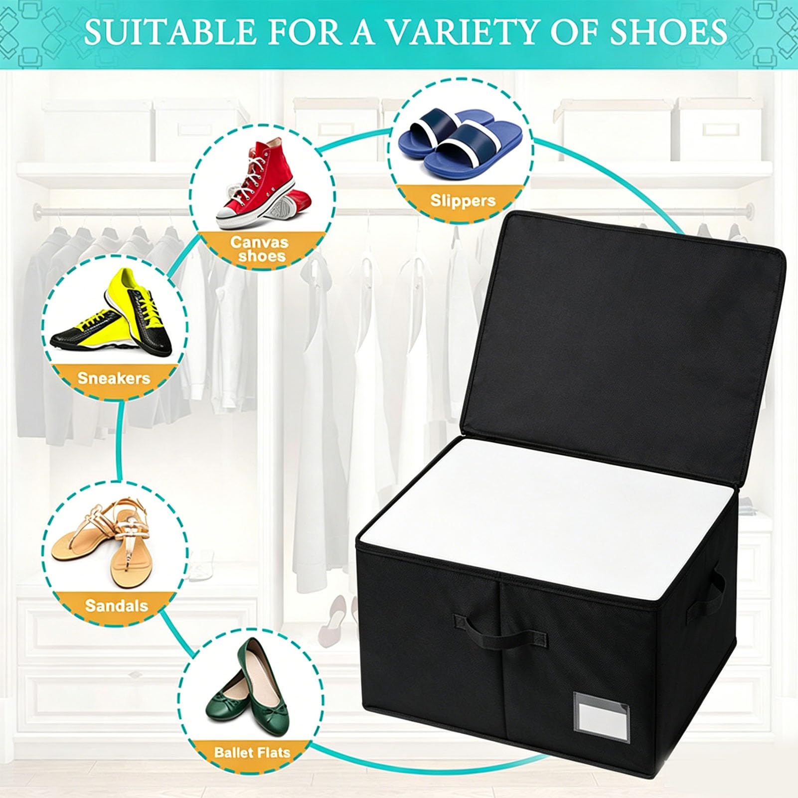 Duokon Organizer per Scarpe in Tessuto Oxford, Impilabile, Resistente All’acqua e Alla Polvere con Divisori Rimovibili e Maniglie Rinforzate for 16 Paia (BLACK)