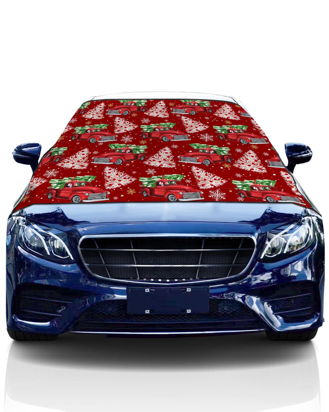 DaringOne Snow Tree Trucks Car Windshield Cover for Ice & Snow, Christmas Winter Golden Snowflakes Red Car Windshield Snow Cover with Anti-Theft Flaps Fits for Cars/Trucks/Vans/SUVs - 79x46 Inches