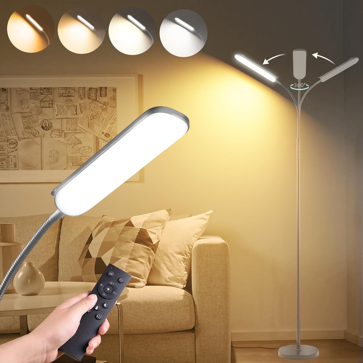 LED Uplighter Floor Lamp Adjust freely, 18W 1800LM Dimmable Floor Standing Lamp with Remote & Touch Control, 1min Installation, Standard Eye Caring Reading Lamps Living Room Modern for Bedroom (Gray)