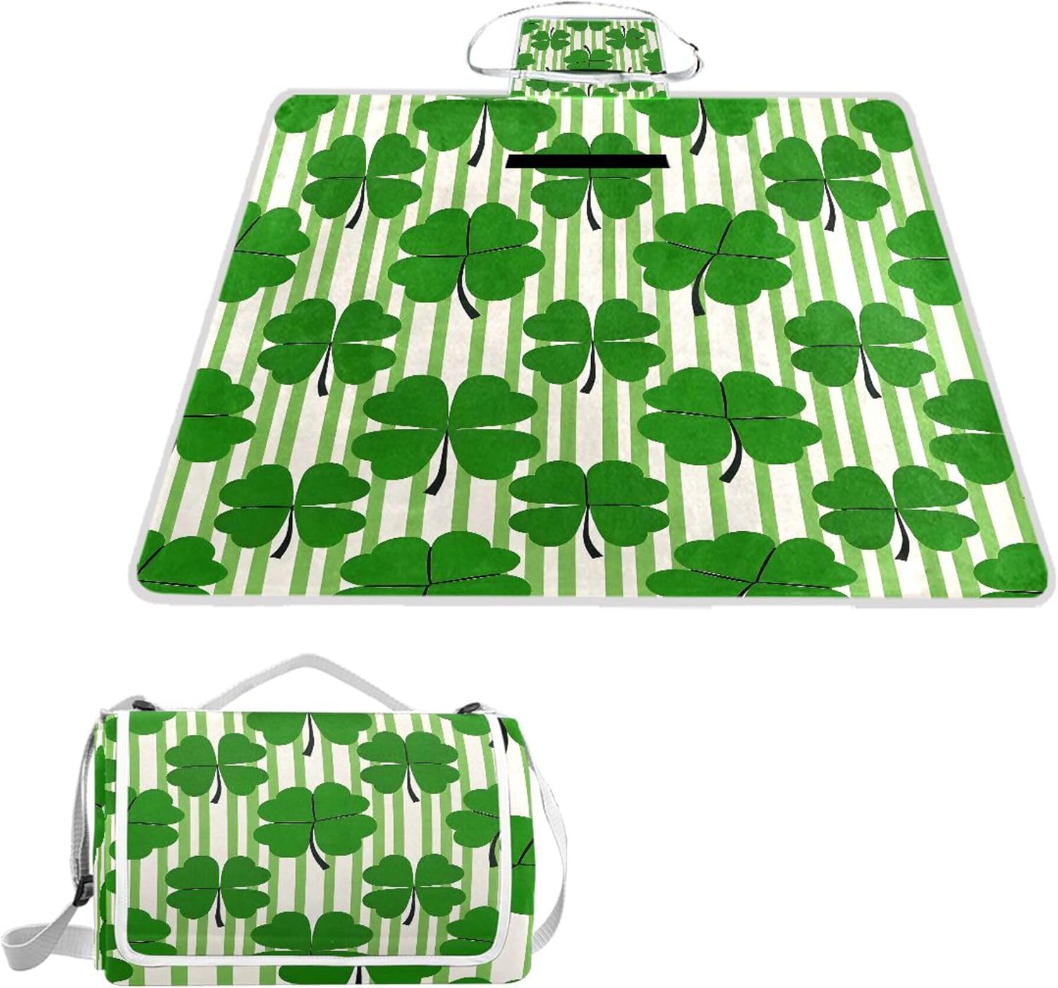 MNSRUU Picnic Blanket Waterproof Foldable, Stripe Clover Large Outdoor Picnic Blanket Beach Blankets Camping Blanket Travel Mat, Shoulder Strap Tote, Rectangle 57x59in