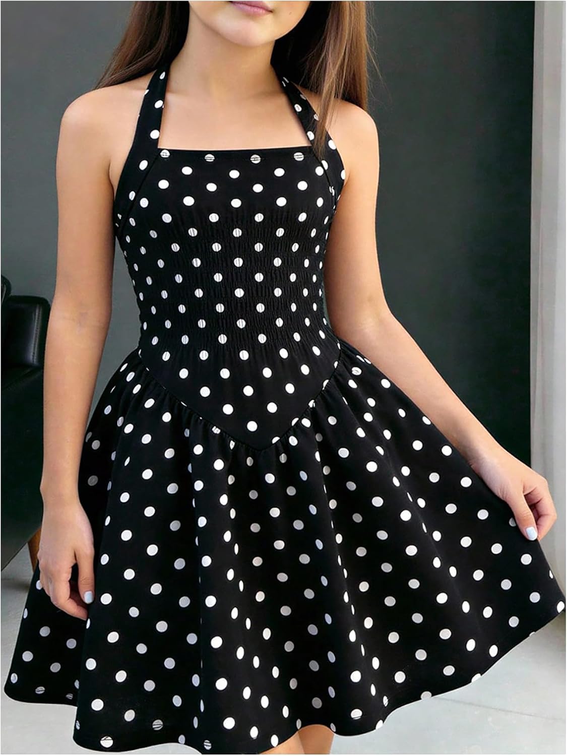 SHENHE Girl's Polka Dots Halter Mini Dress Sleeveless Square Neck Flared Summer Vacation Dress