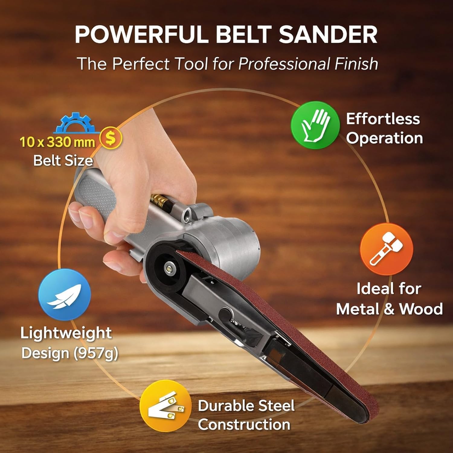 10mm Pneumatic Belt Sander 10x330mm Steel Construction - High Power, Fast Polishing for Woodworking, Furniture, Aluminum, Metal Surface Finishing