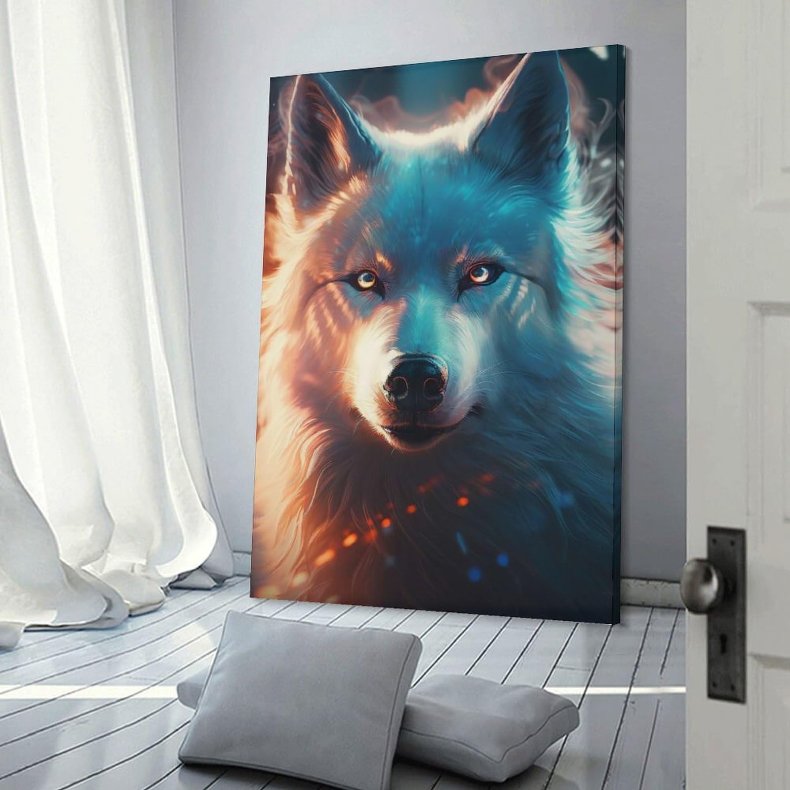 Junmoney Frame-Style-13 Cute Wolf Wall Decor Canvas Print 24X36inch(60X90cm), For Lounge, Study, Hallway Or Flat Walls, Decorative Artwork With Broad Appeal