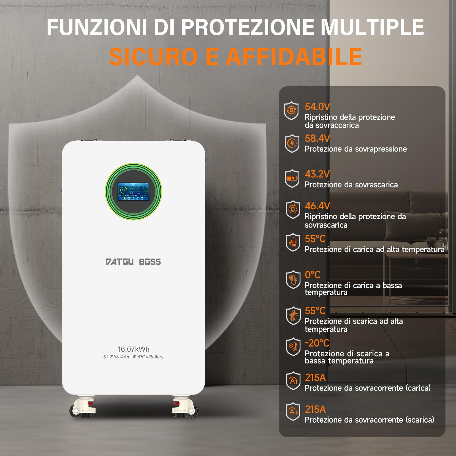 DATOUBOSS Batteria LiFePO4 48V 314Ah 16,07kWh Ciclo Profondo, BMS 200A Integrato Schermo LCD, RS485/CAN, Accumulo Solare per Casa, Impianti Solari, Camper Off-Grid