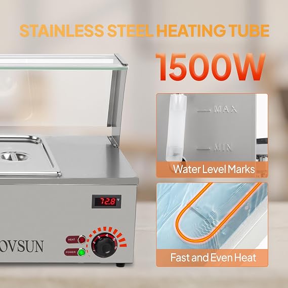 ROVSUN 48QT Steam Table, 6-Pan Electric Commercial Food Warmer Stainless Steel Bain Marie Countertop w/Glass Shield Temperature Control & Lid for Buffet Party Catering Restaurant 8QT/Pan 1500W 110V