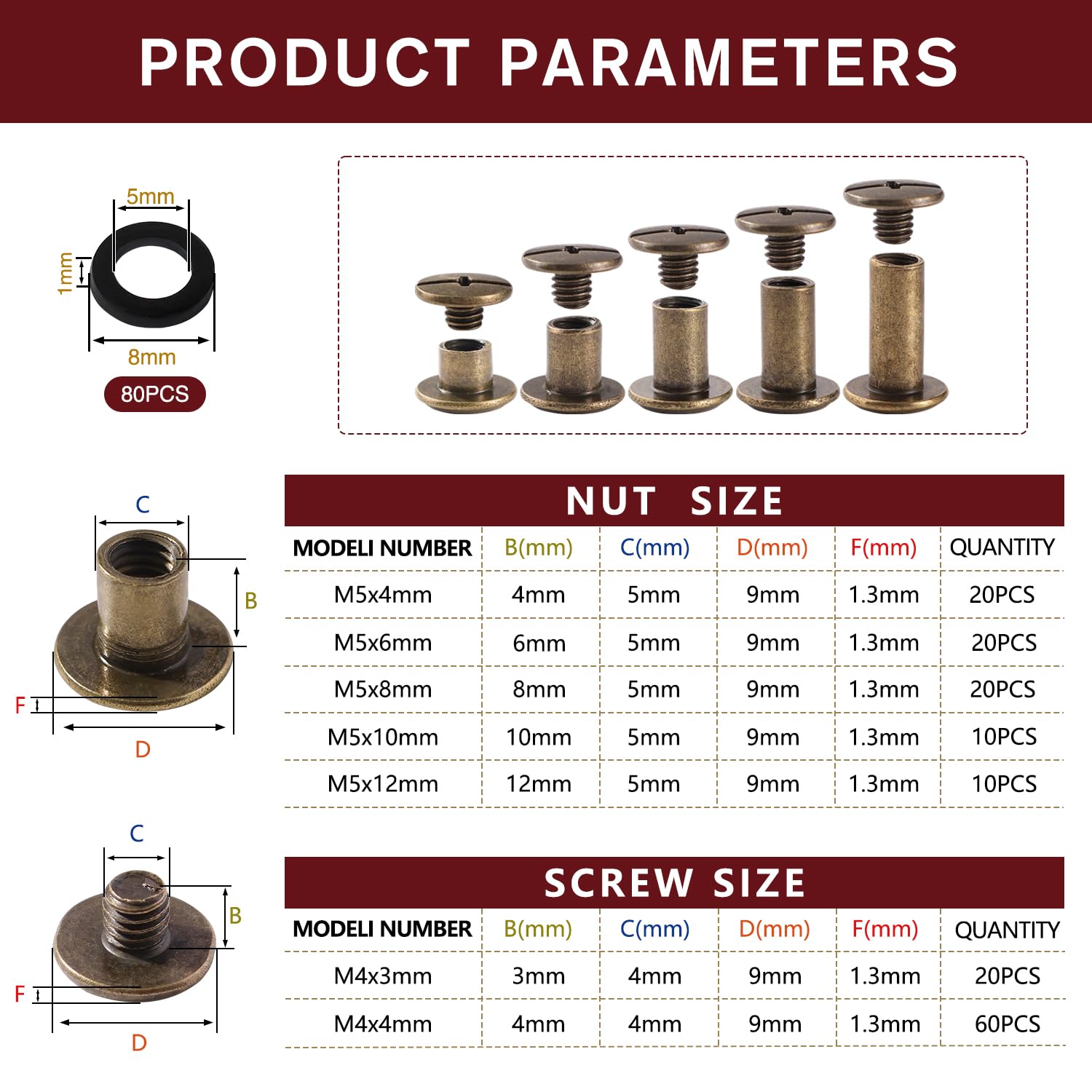 YIXISI 80 Set M5 x 4-12 mm Viti per Rilegatura Chicago Kit, Rivetti in Pelle Bronzo