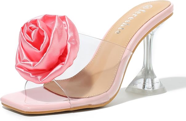 fereshte Womens Clear Heeled Mules with Rose Flower Embellishment, Square Toe Slip On Sandals