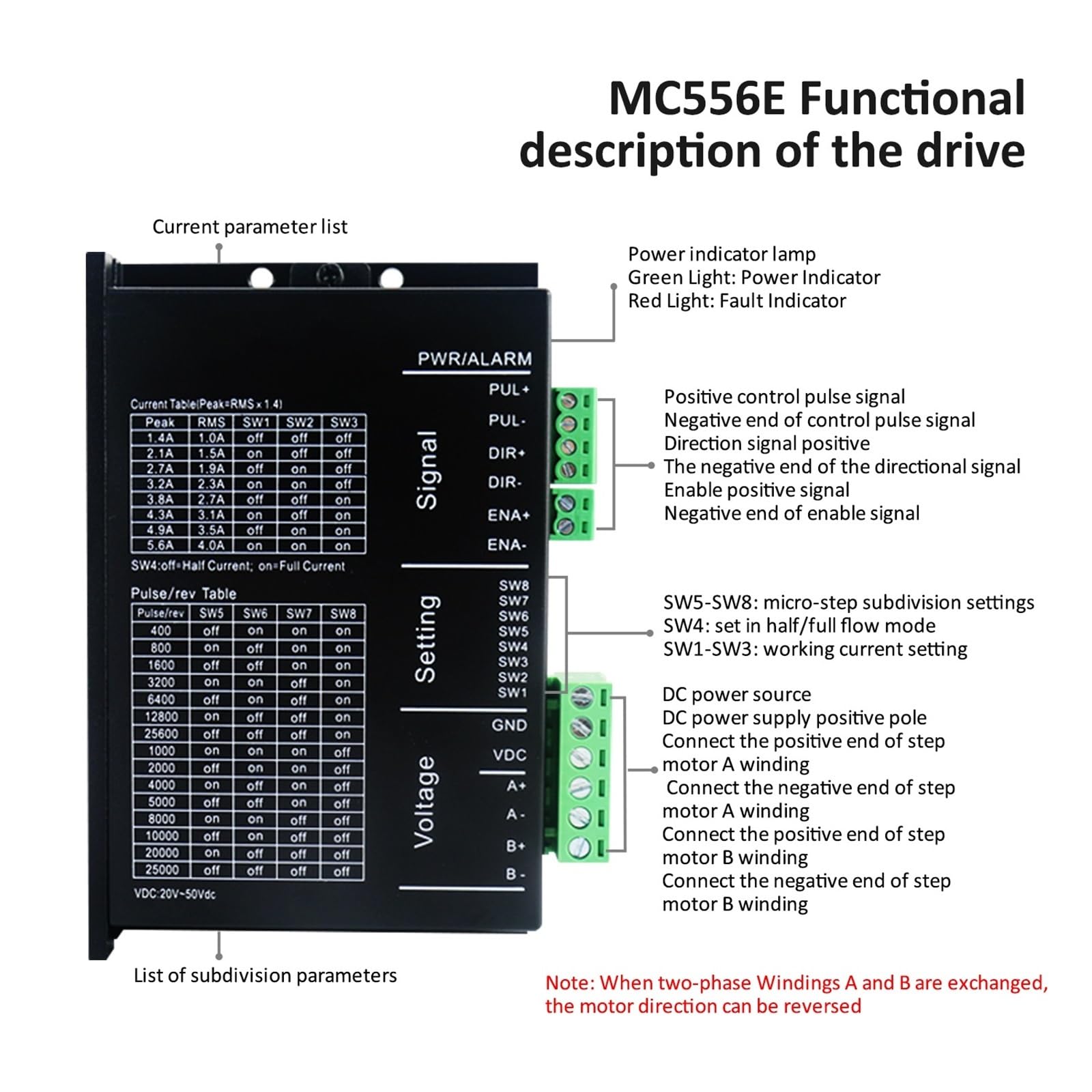 DC20V～50V 5.6A 200～25600ppr Open-Loop Stepper Driver 2 Phase Nema24 Open Loop Stepper Motors Drivers for Machine(MC556Mini)