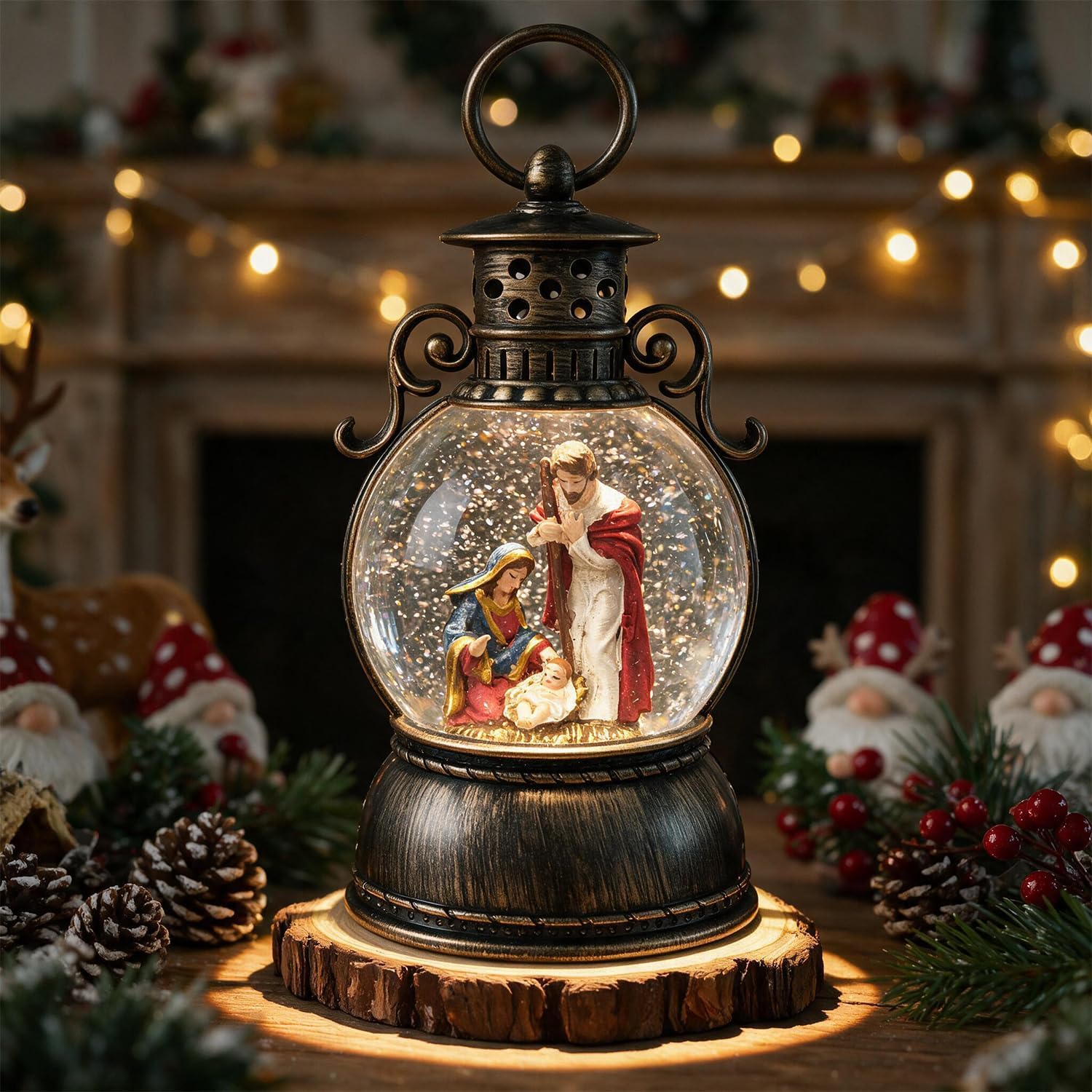 9.6" Christmas Snow Globe Lantern with Music & LED Lights, USB & Battery