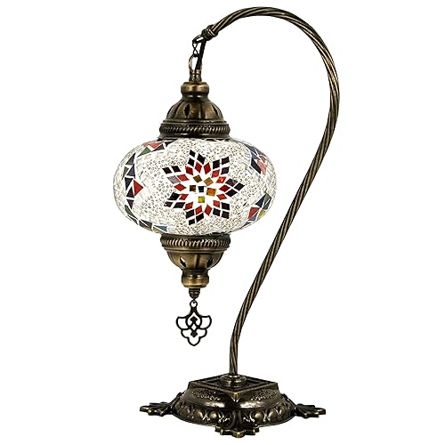 Miniatura 4 de Turkish Lamp Mosaic Table Lamps | Turkish Moroccan Lamp with Bronze Base | Handmade Swan Neck Tiffany Night Lamp | Mosaic Glass Bedside Night Lamp