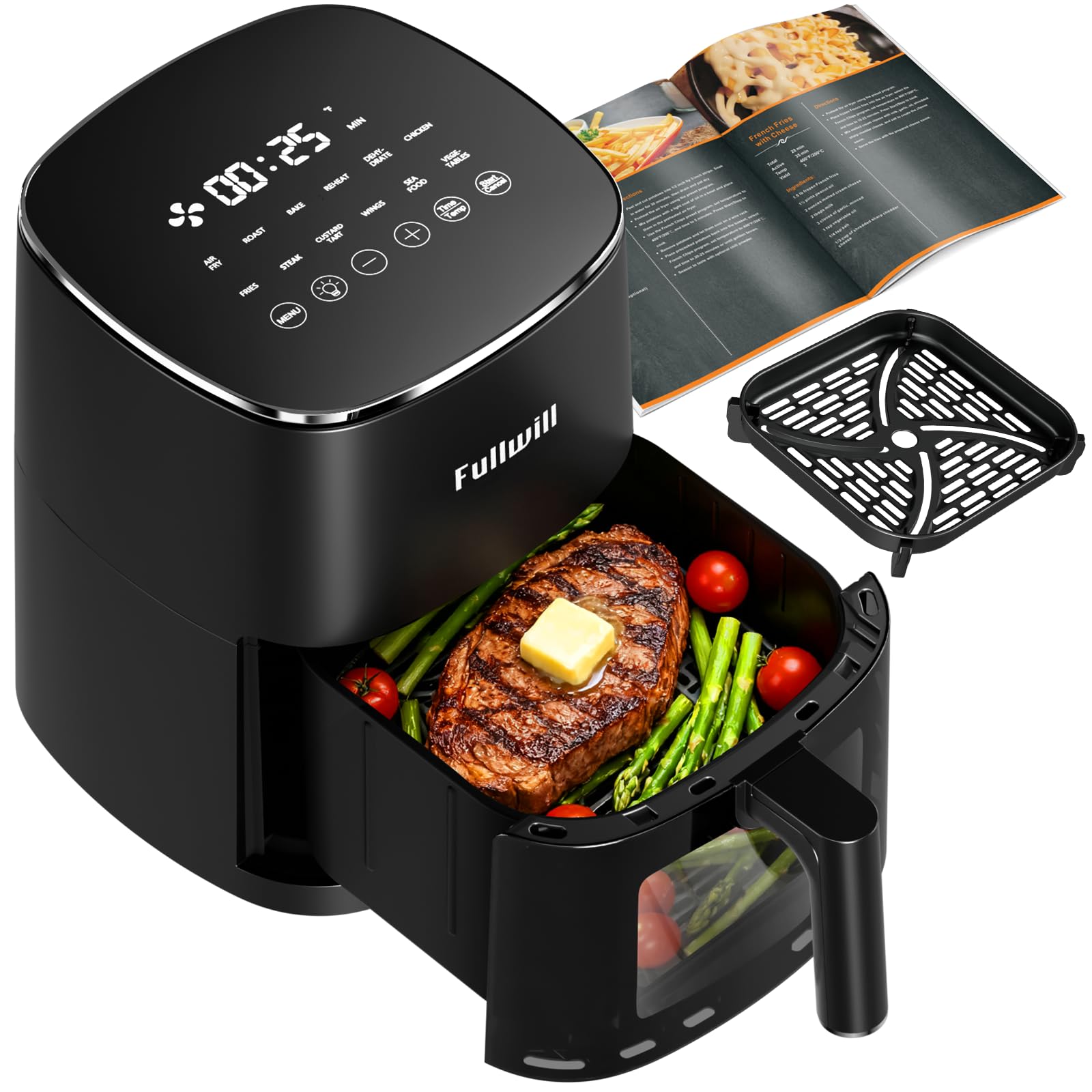 Fullwill Air Fryer with Viewing Window 6QT 5-in-1 Multi-Function Air Fry Roast Bake Reheat Dehydrate plus 7 One-Touch