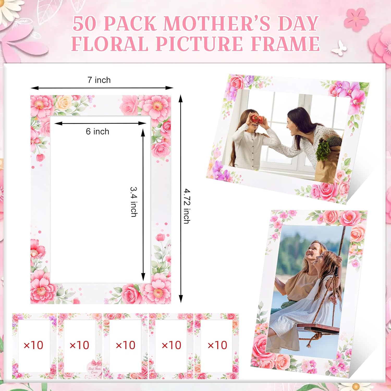 AmazingSpark 50 Pack Mother's Day Floral Picture Frame 4 x 6 Paper Photo Ornament Bulk Flower Cardboard Photo Gifts for Mom Spring Party Decorations Party Favor Supplies