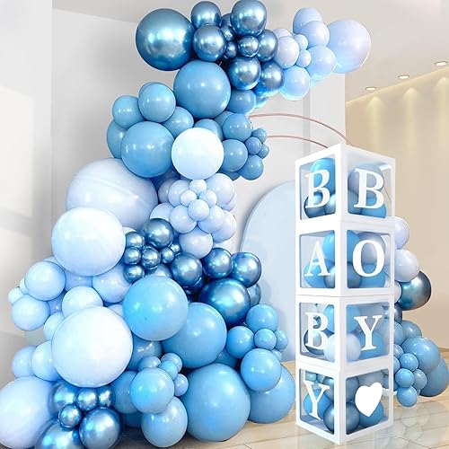 Decoraciones de baby shower para niño, kit de arco de globos azul marino de diferentes tamaños, 4 cajas con letras para baby shower, decoraciones de