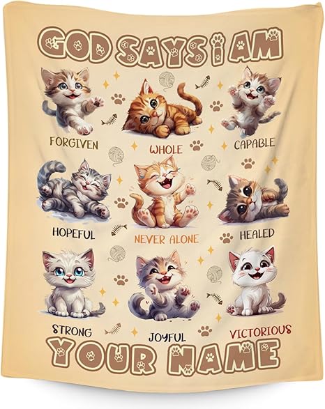 Custom Cat Blanket, Cozy Soft Throw Gifts for Kids, 30x40 Inch Cute Flannel Blanket for Cat Lovers, God Says I Am Throw Blankets for Couch Office