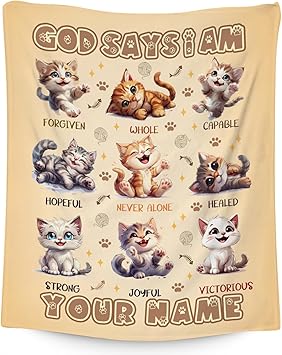 Custom Cat Blanket, Cozy Soft Throw Gifts for Kids, 30x40 Inch Cute Flannel Blanket for Cat Lovers, God Says I Am Throw Blankets for Couch Office