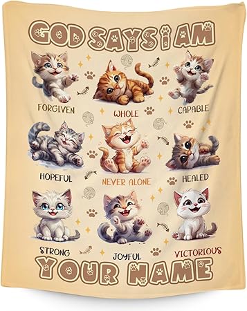 Custom Cat Blanket, Cozy Soft Throw Gifts for Kids, 30x40 Inch Cute Flannel Blanket for Cat Lovers, God Says I Am Throw Blankets for Couch Office