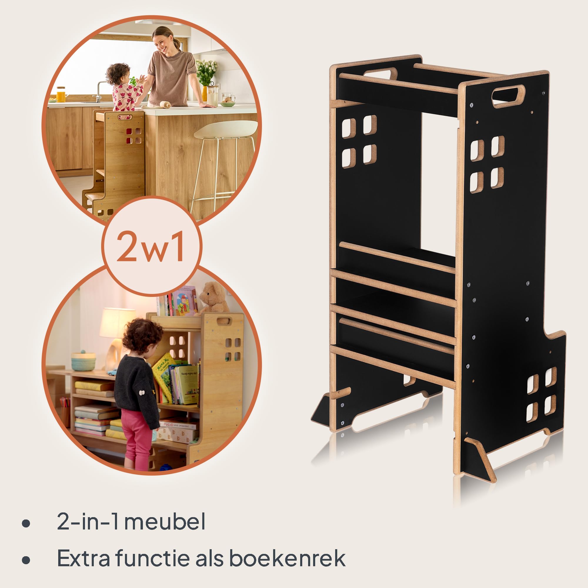 LIONELO CASS Torre Montessori per bambini 3in1, Da 1 Anno Fino a 30kg, Aiutante cucina, Libreria Scaffale e torre di apprendimento per bambini, Stabile e Sicurezza (Nero)