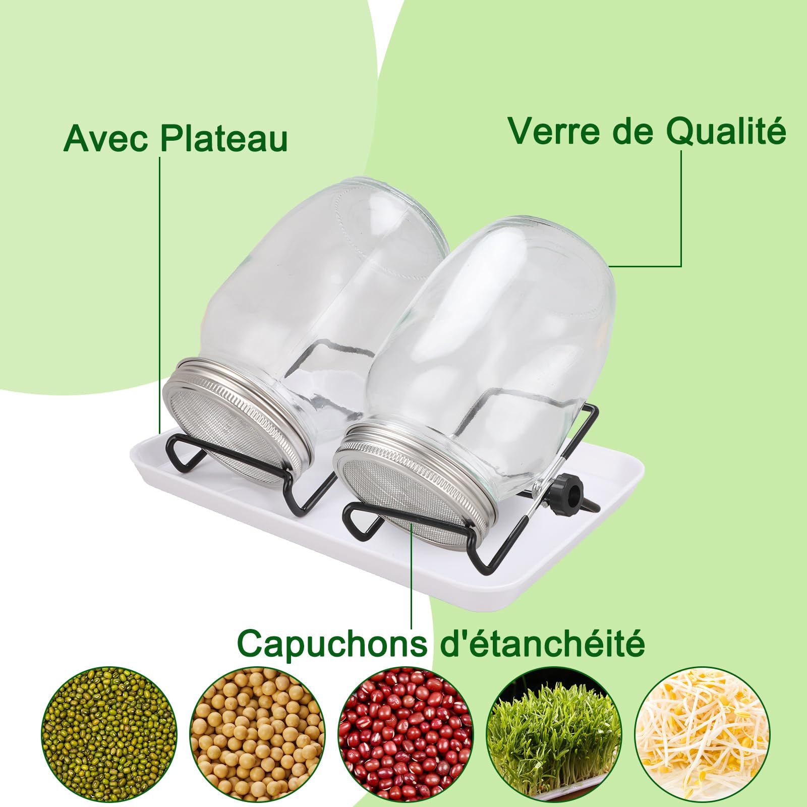 Set de 2 Germoir en Verre Bocal à Germes 950 ML, Pots Mason à Large