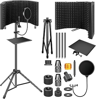 Homodoskey Microphone Isolation Shield with Pop Filter & Tripod Stand, Foldable Mic Shield with Triple Sound Insulation, H...