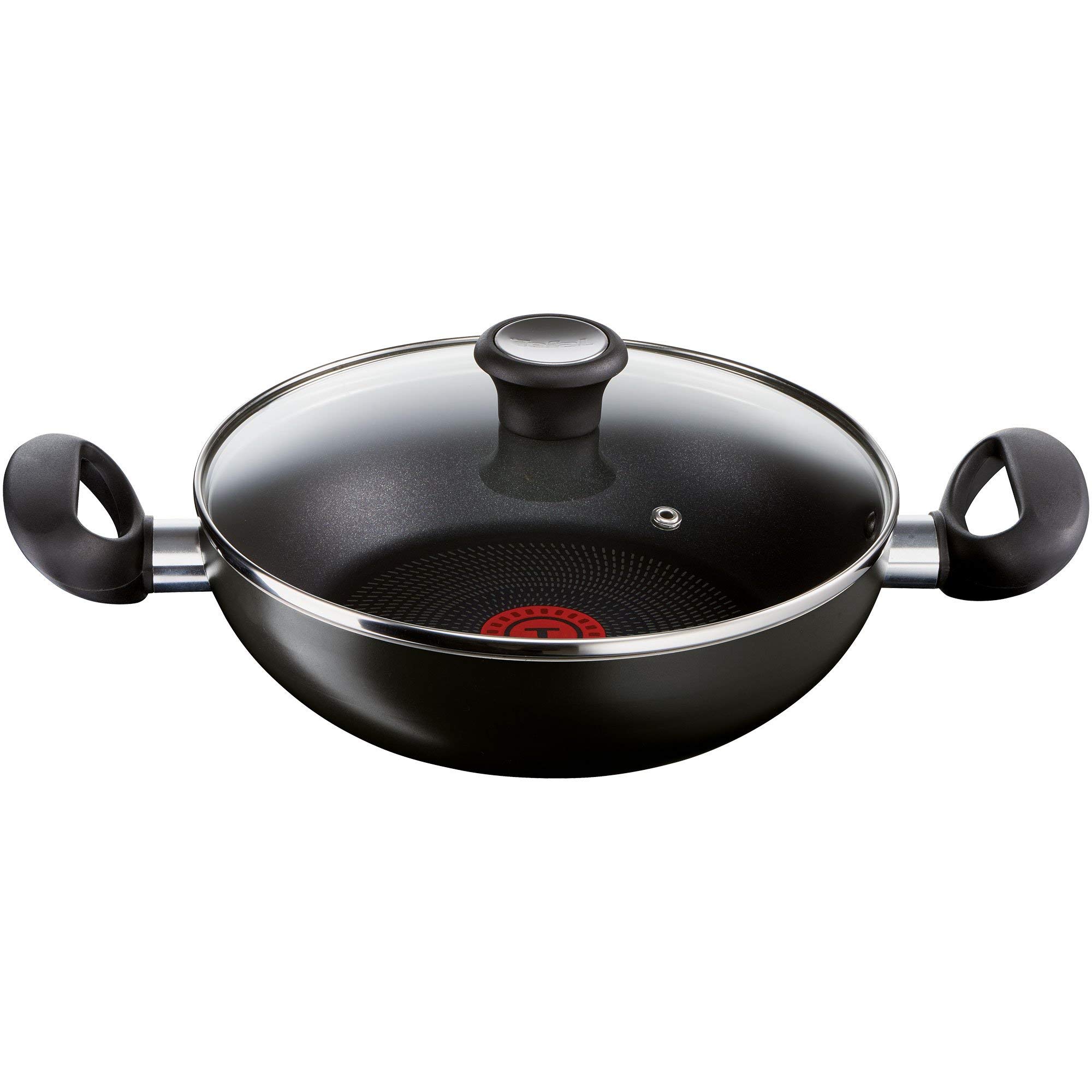 Tefal Ceremony Aluminium Non-Stick Kadhai with Glass Lid/Thermo-Spot Technology/Power Glide Interior & PTFE Exterior Coating / 24 cm/Suitable for All Hob Type/Black / 2 Years Warranty