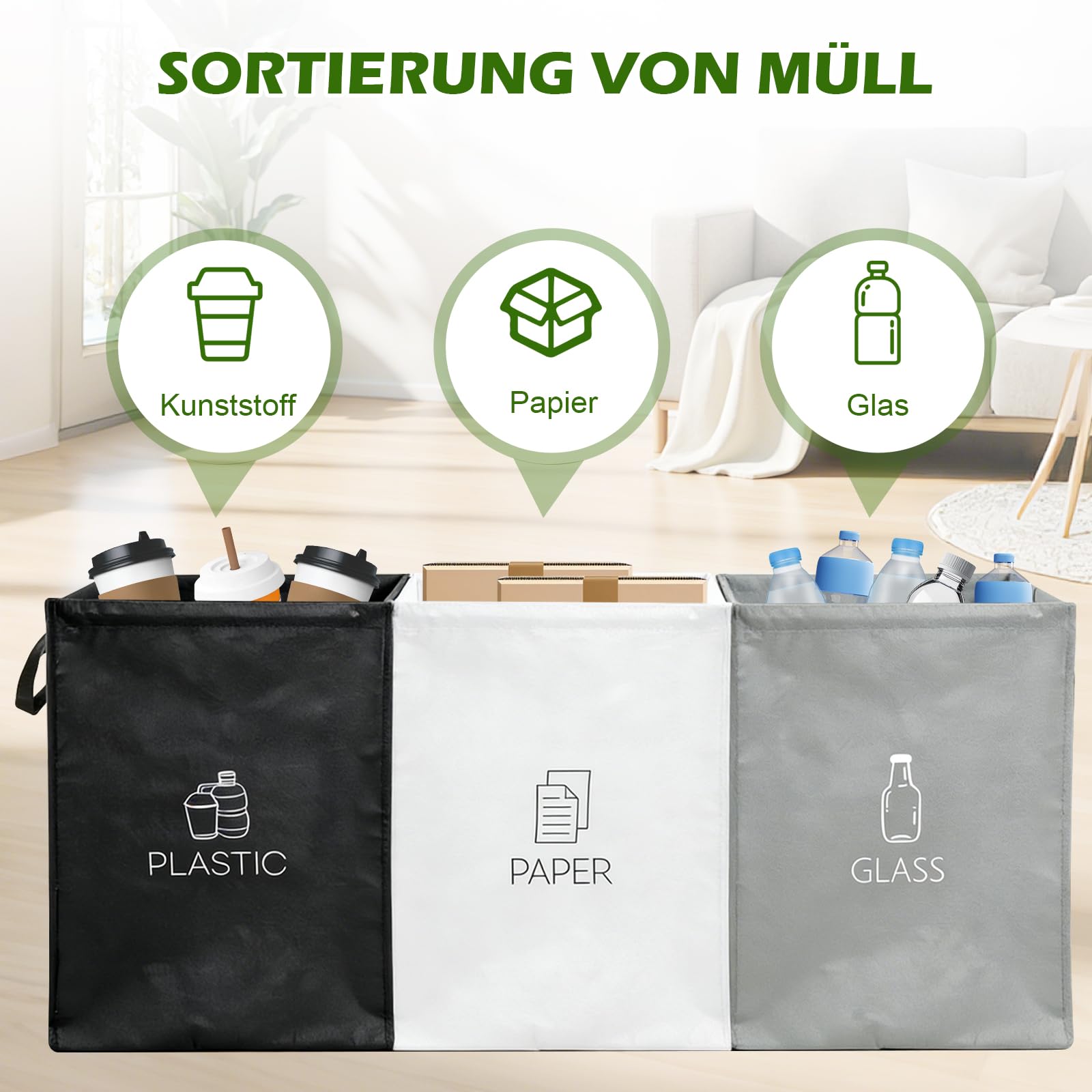 Lot de 3 Sacs Tri Selectif Poubelles Recyclage Organisateur pour Bouteilles Consignées Papiers Cuisine Exterieur