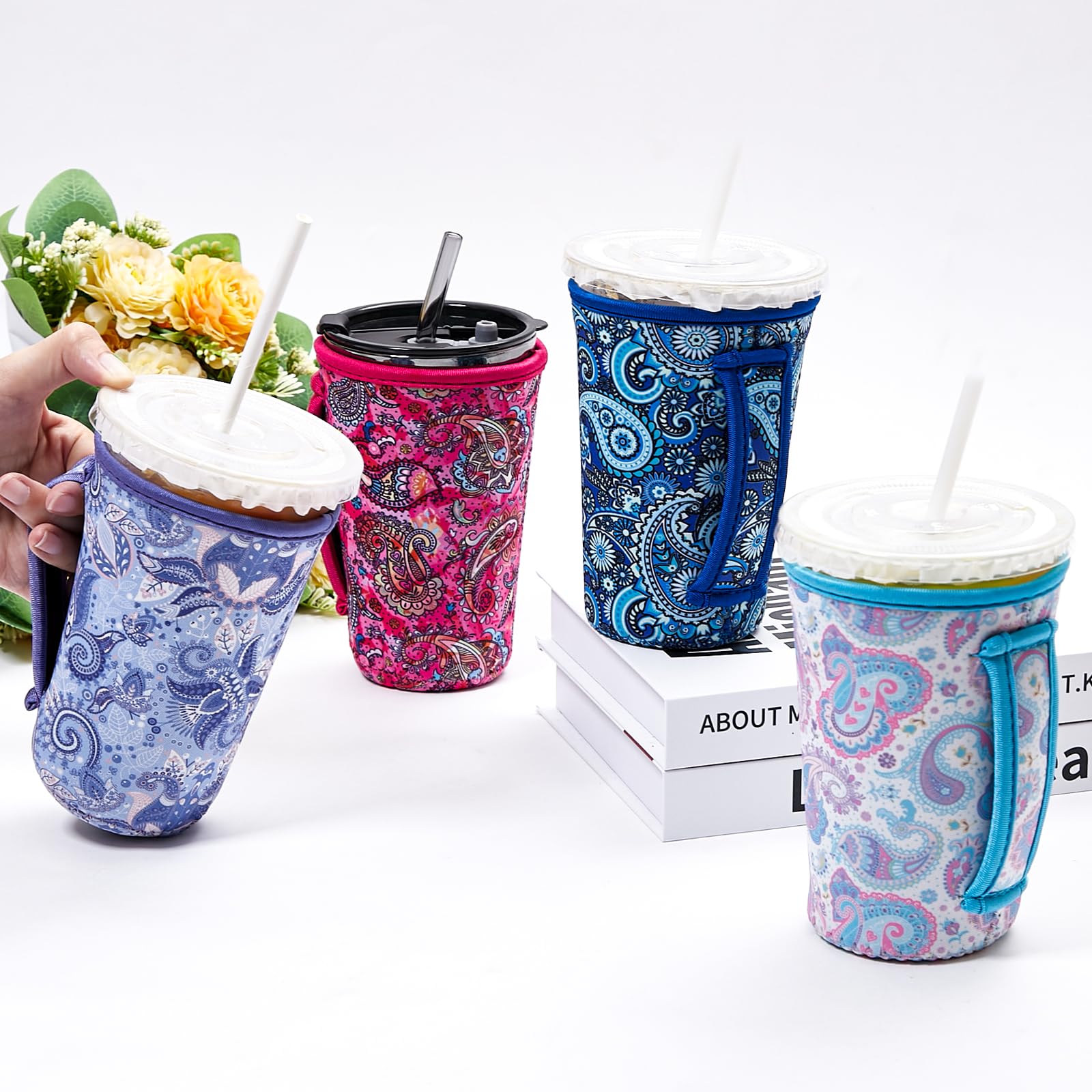 4 Pack Reusable Neoprene Iced Coffee Sleeves - Cute Flower Design With Sequins, Fits 22-24 Oz Cups, For Hot & Cold Drinks