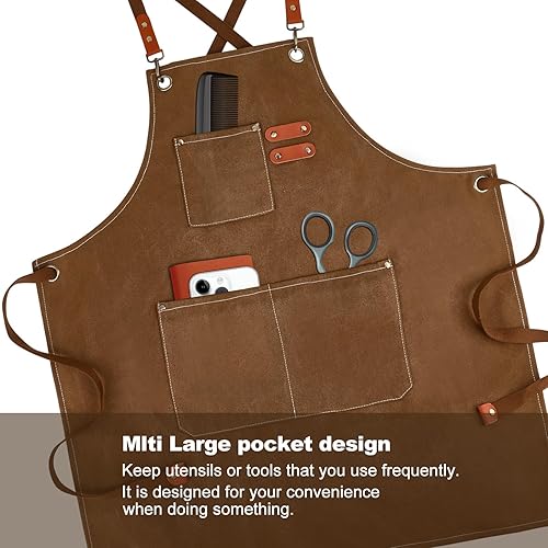 Miniatura 5 de Delantales de chef con espalda cruzada para hombres y mujeres con bolsillos, delantal de trabajo de cocina ajustable de lona de algodón para cocina