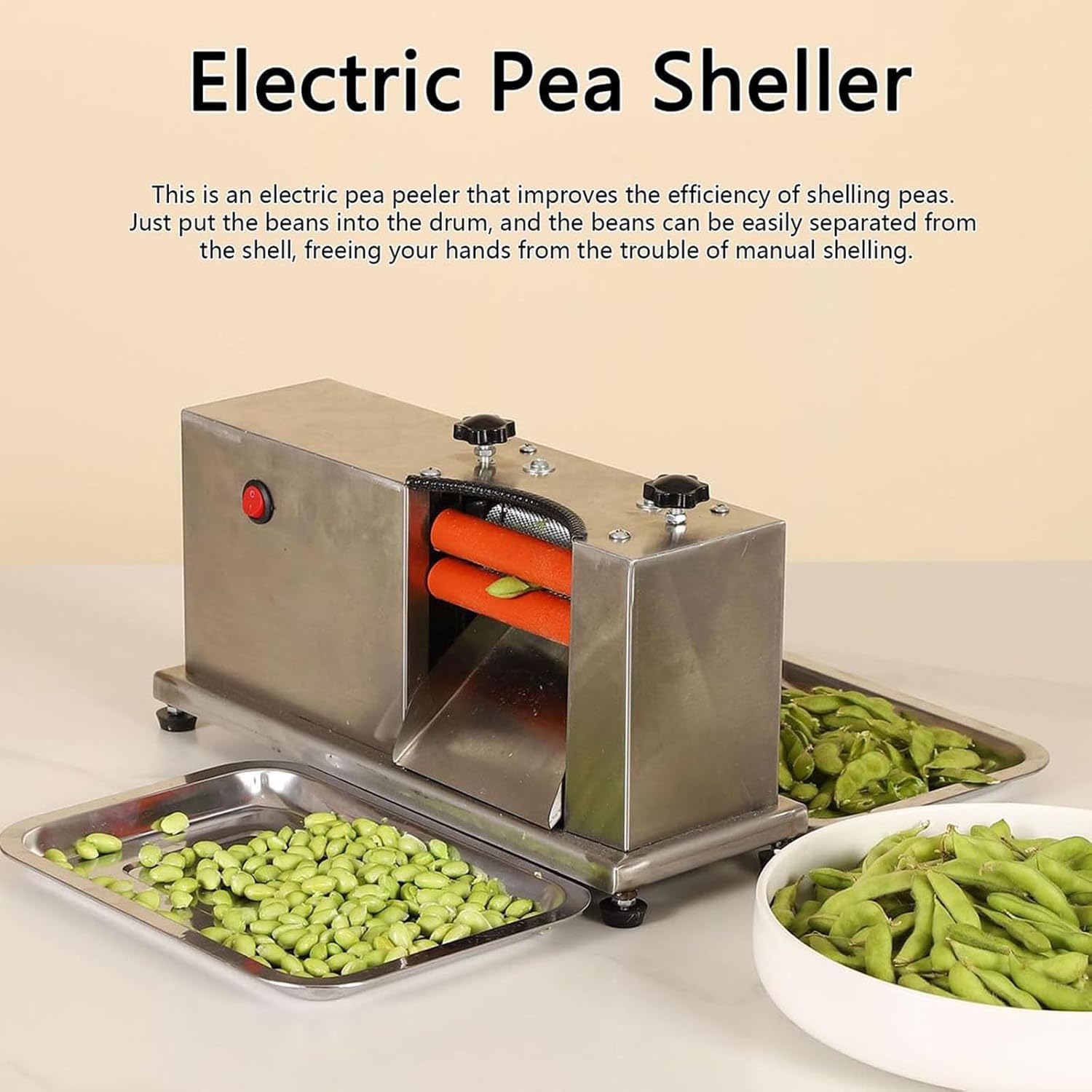 Máquina descascaradora eléctrica de guisantes semiautomática con 2 rodillos, pelador de guisantes de acero inoxidable para uso doméstico, máquina peladora multifuncional, pies antideslizantes