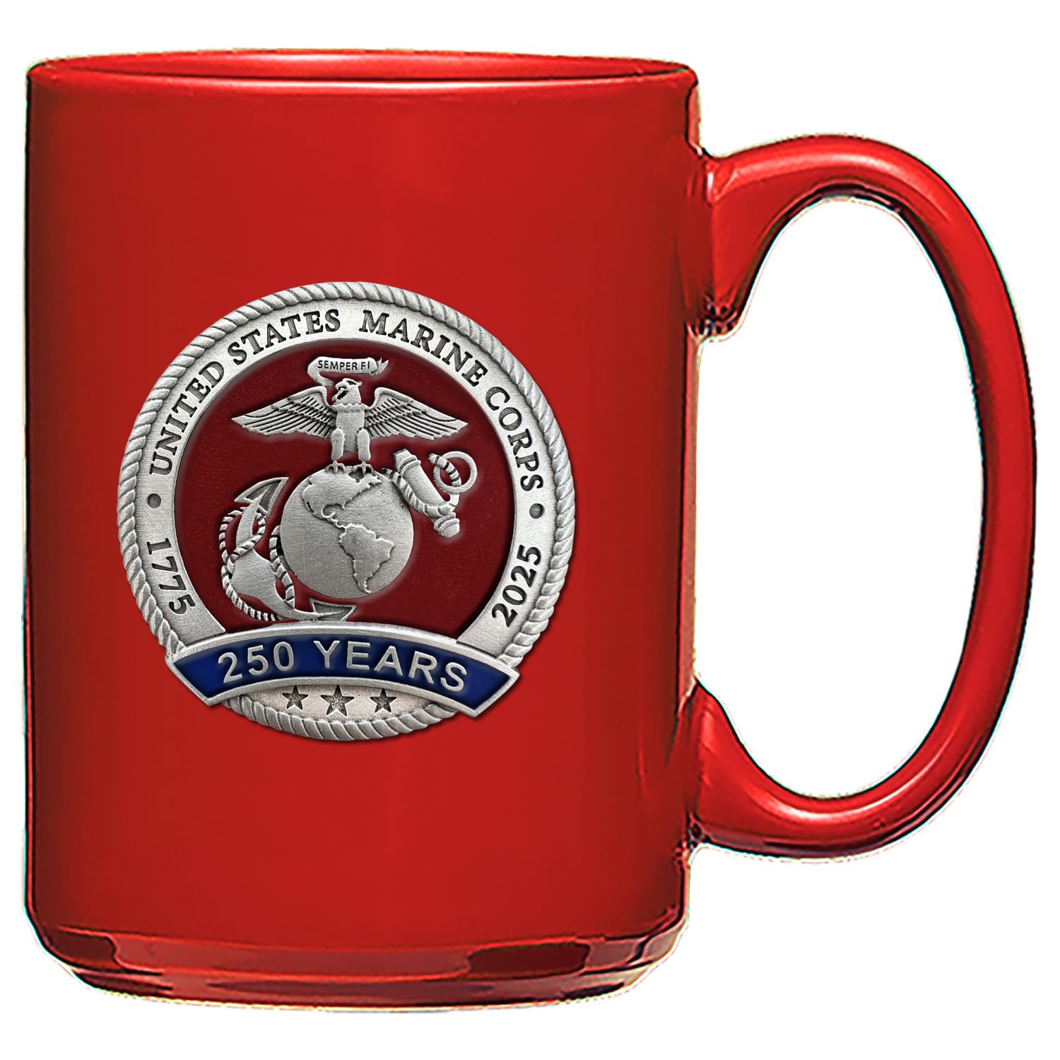 US Marines Corp 250th Anniversary 15 Ounce Coffee Mug | USMC Red Mug for Coffee, Beverages | Intricately Crafted Metal Pewter Alma Mater Inlay