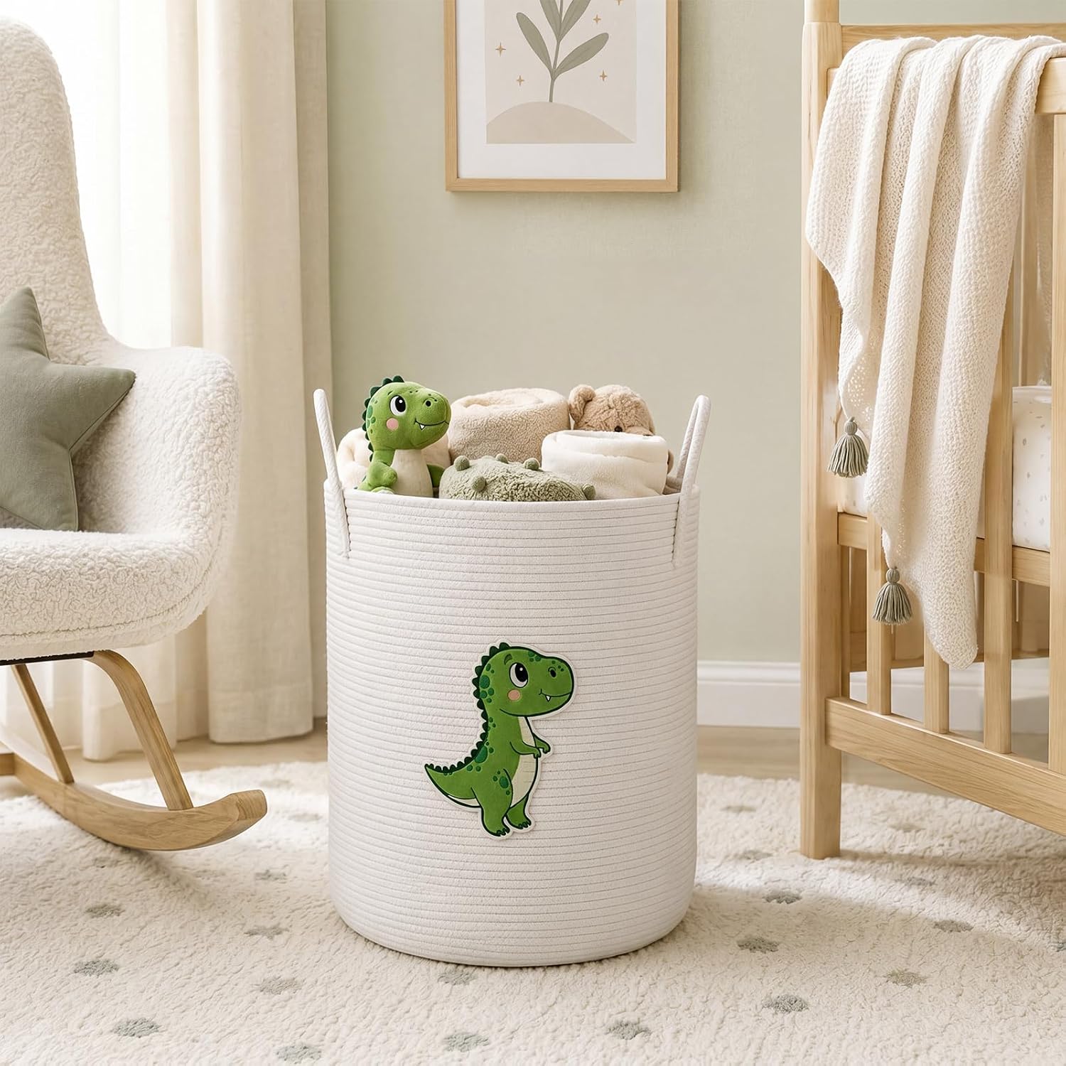 LemonRoad Laundry Hamper Large Cotton Rope Storage Basket Woven Storage bucket with Handles for Bathroom Bedroom Nursery Toy Clothes Organizer, 60 L(Dinosaur)