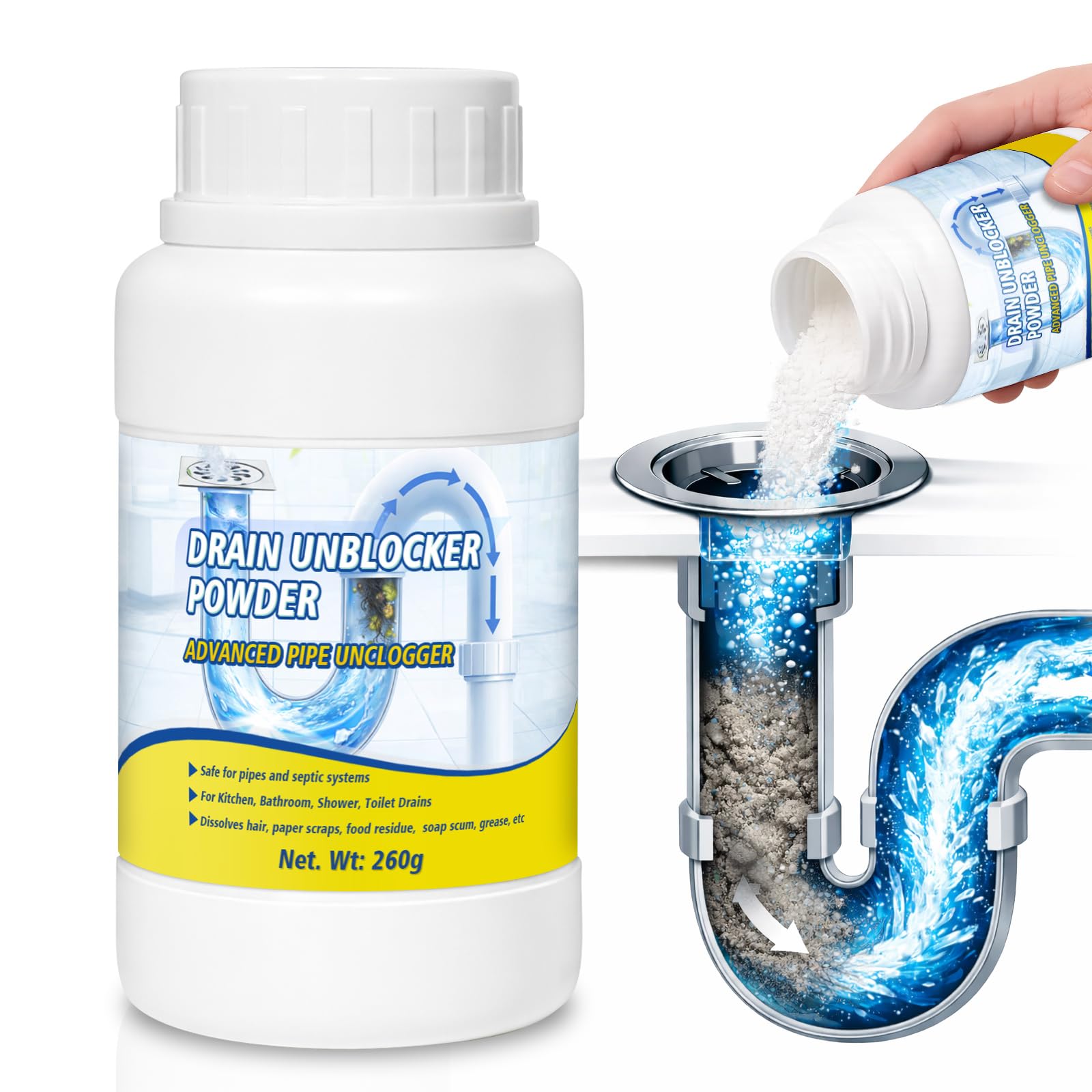 Desatascador Tuberías, Desatascador de Fregadero Elimina Rápidamente Cabello, Grasa y Residuos de Jabón, Limpiador de Drenaje Adecuado para Baño, Cocina y Aseo