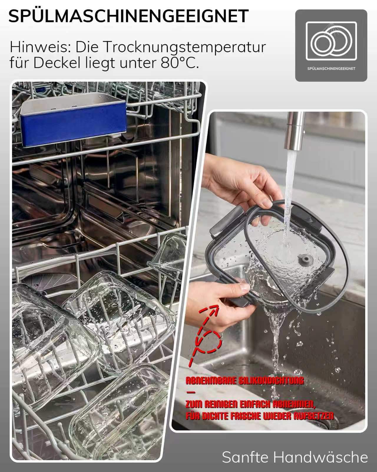5er-Pack Borosilikatglasbehälter mit gehärtetemDeckel, 1040 ml/ 4,4 Tassen, luftdichtes Mahlzeiten-Vorbereitungs-Set, mikrowellen-/gefriergeeignet/ofen­fest-20℃~510℃, Grau