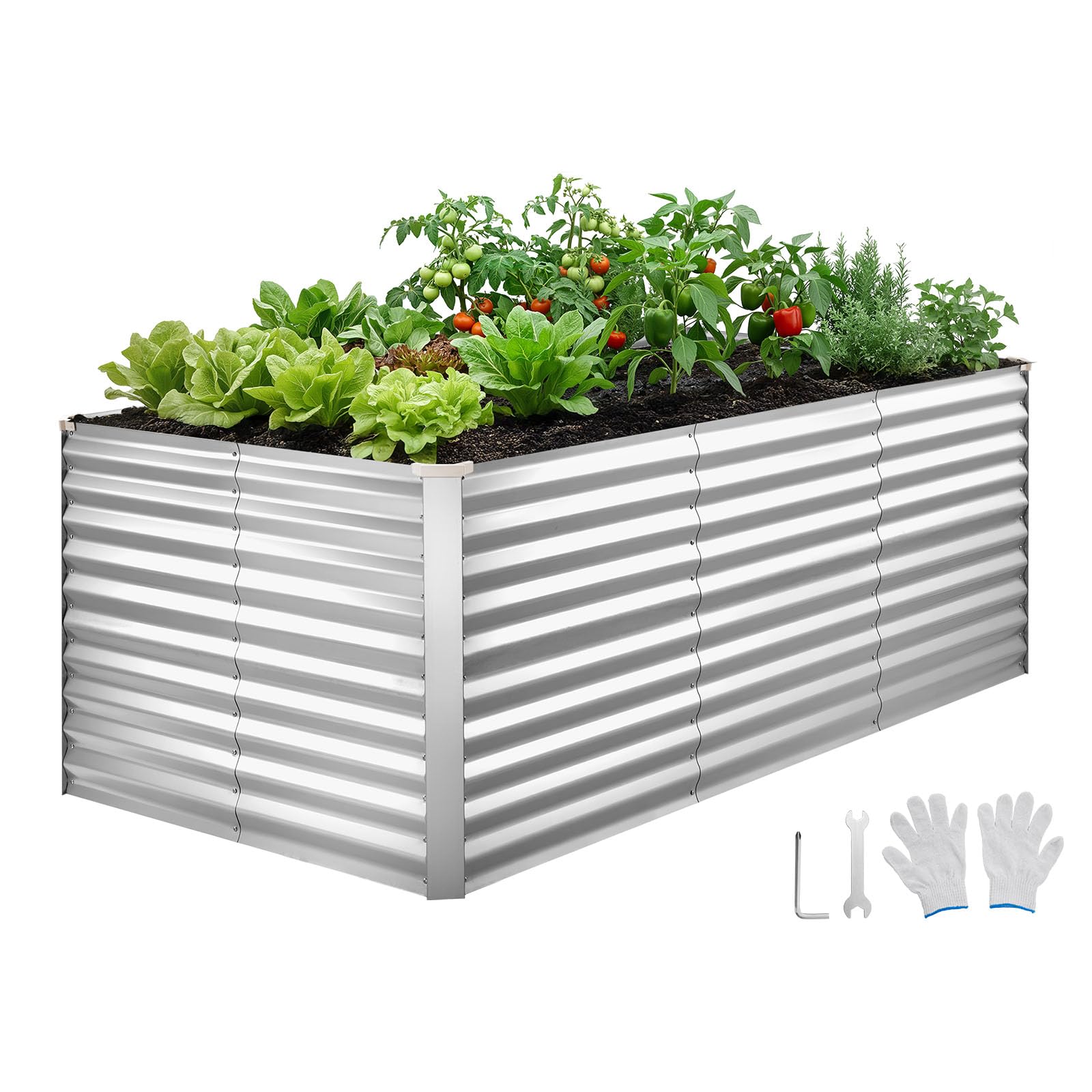 VEVOR Hochbeet Metall 2400x1200x860 mm, Rechteckiges Gartenbeet, Pflanzkasten-Set für den Außenbereich, Gemüsebeet mit Handschuhen, Blumenbeet Bodenlos, Pflanzbeet für Blumen & Gemüse, Silber