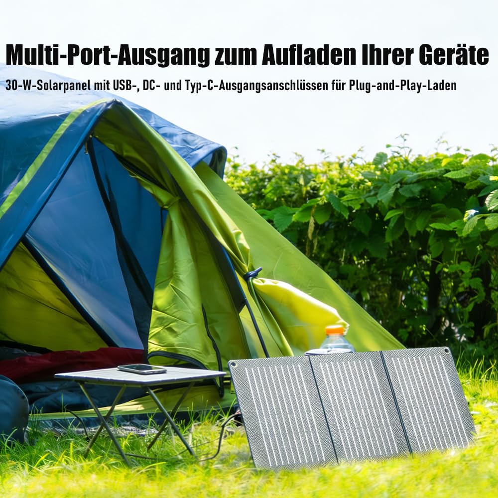 30W Tragbares faltbares Solarpanel, 23% hoher Wirkungsgrad, USB/DC/Type-C Ausgang & Schnellladung, Solarladegerät für Camping, Wandern, Outdoor & Notfälle