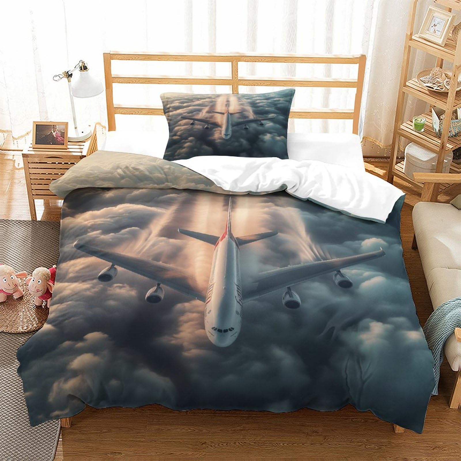 P1S9U7W5Y Aviation Clouds 3D Printed Duvet Cover Set 3pcs Microfiber Airplane Bedding Set Single（135x200cm）