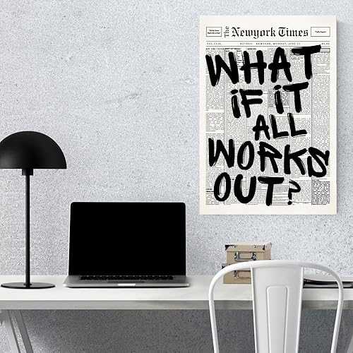 Miniatura 6 de What If It All Works Out - Póster motivacional de periódico retro en blanco y negro, cita de afirmación positiva, impresión minimalista en lienzo