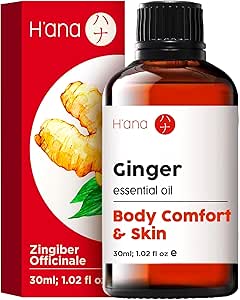 H'ana Ginger Essential Oil for Body - 100% Natural Ginger Essential Oil for Massage Oil - Ginger Oil for Hair, Skin &amp; Diffuser (1 Fl Oz)