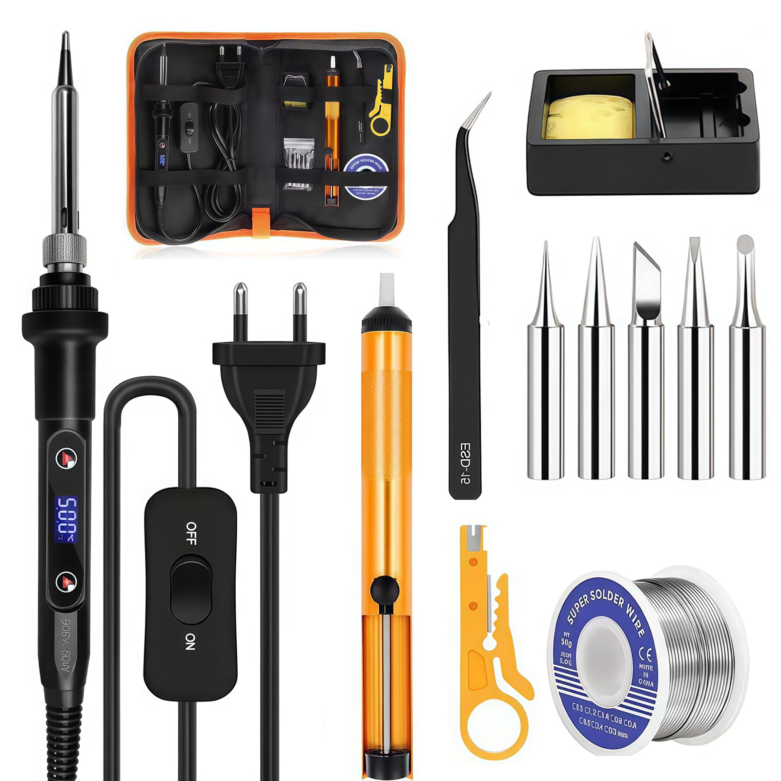 Kit de Soldadura 80W con Pantalla LCD, Temperatura Ajustable 180-520°C, Soldador de Estaño con 5 Puntas, Bomba Desoldadora, 50g de Hilo de Estaño, Pinzas y Soporte, para Reparación Electrónica y DIY