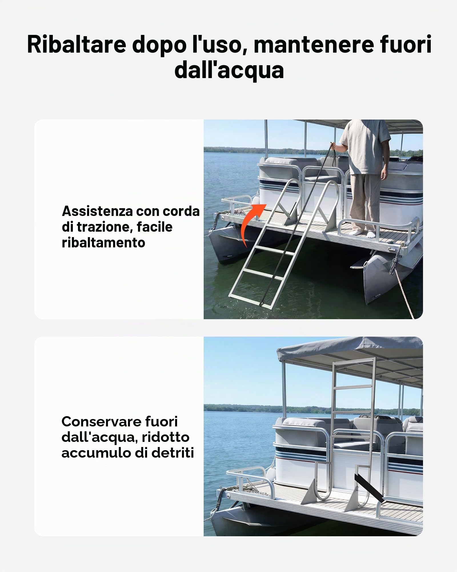 VEVOR Scaletta Ribaltabile per Molo, Scaletta Dritta da Pontile, 4 Gradini Larghi Antiscivolo, con Corda di Sollevamento, Portata Massima 159 kg, Struttura in Lega di Alluminio, per Barche a Pontone