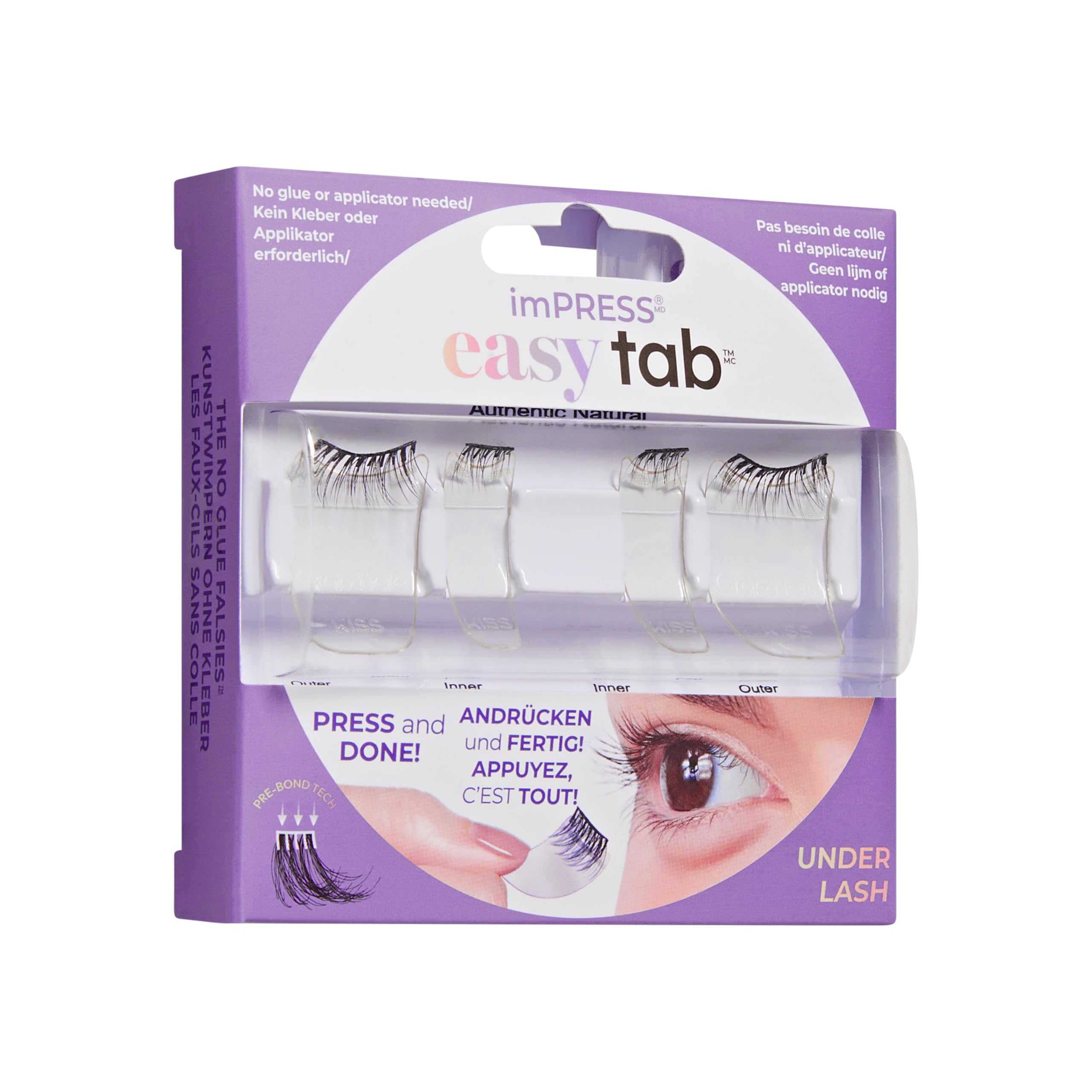 KISS imPRESS Press-On Falsies EASY TAB selbstklebende Wimpern, Schwarz, 'Authentic Natural', 1 Paar 5mm-7mm innere natürliche Volumen-Wimperncluster & 1 Paar 7mm-9mm äußere halbe Wimpern mit Easy Tabs