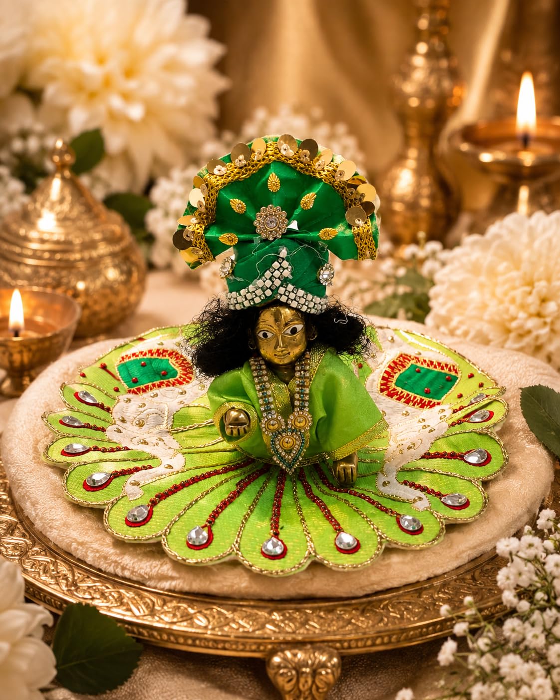 Laddu Gopal Ji Dress Poshak - Velvet Designer Poshak with Stone & Zari Work for Kanha Bal Gopal Krishna Idol Vastra | Multicolour Vastra (Sizes 1 to 4) (Green, 3)-image-33
