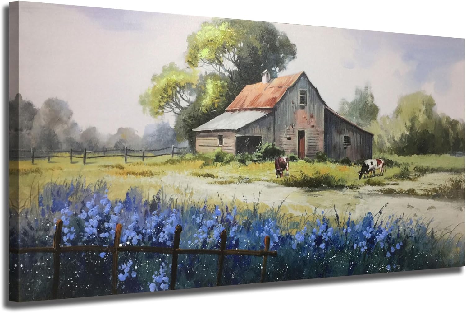 Ardemy Farmhouse Canvas Wall Art Farm Cow Landscape Picture Modern Village Nature Painting Artwork Vintage Barn Green Blue Large 40"x20" Framed for Living Room Bedroom Bathroom Home Office Wall Decor 40"x20" Farm Flower Painting