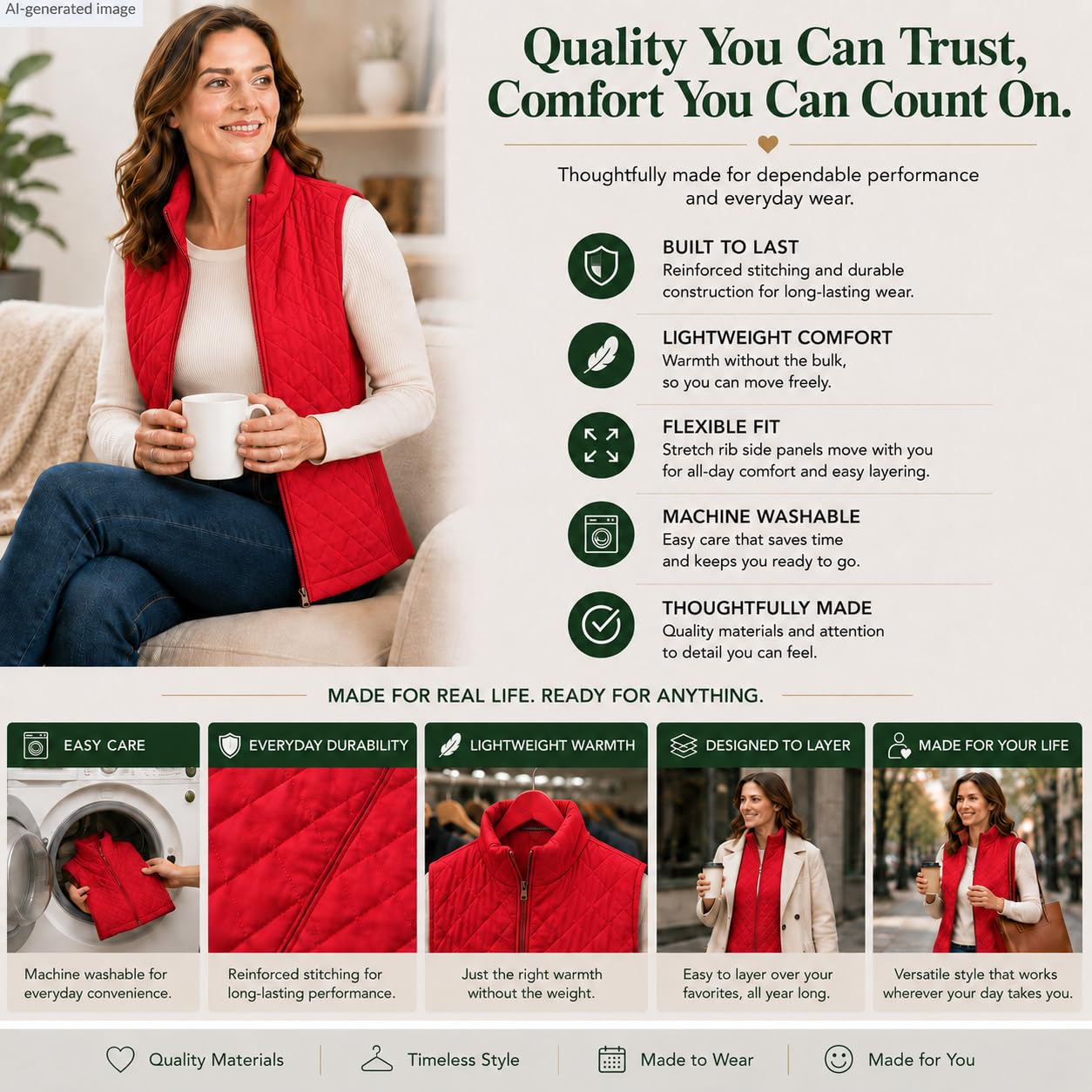 Bienzoe Gilet matelassé décontracté pour femme : veste légère et pliable sans manches, Rouge, 3X-Large