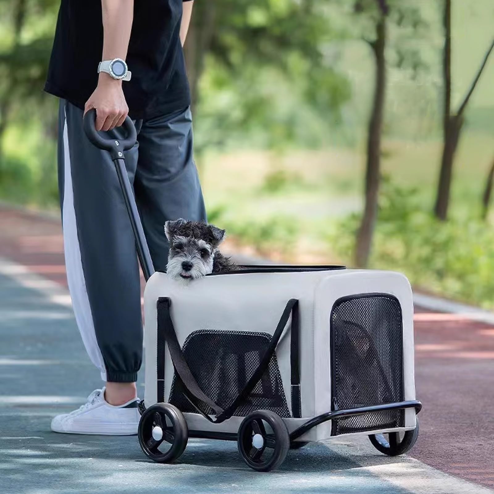 Maleta con Ruedas para Perros y Gatos, Mochila Transpirable para Mascotas, Maleta para Mascotas con Asa Telescópica, Diseño Ventilado para Viajes, Senderismo y Uso a Aire Libre(Black)