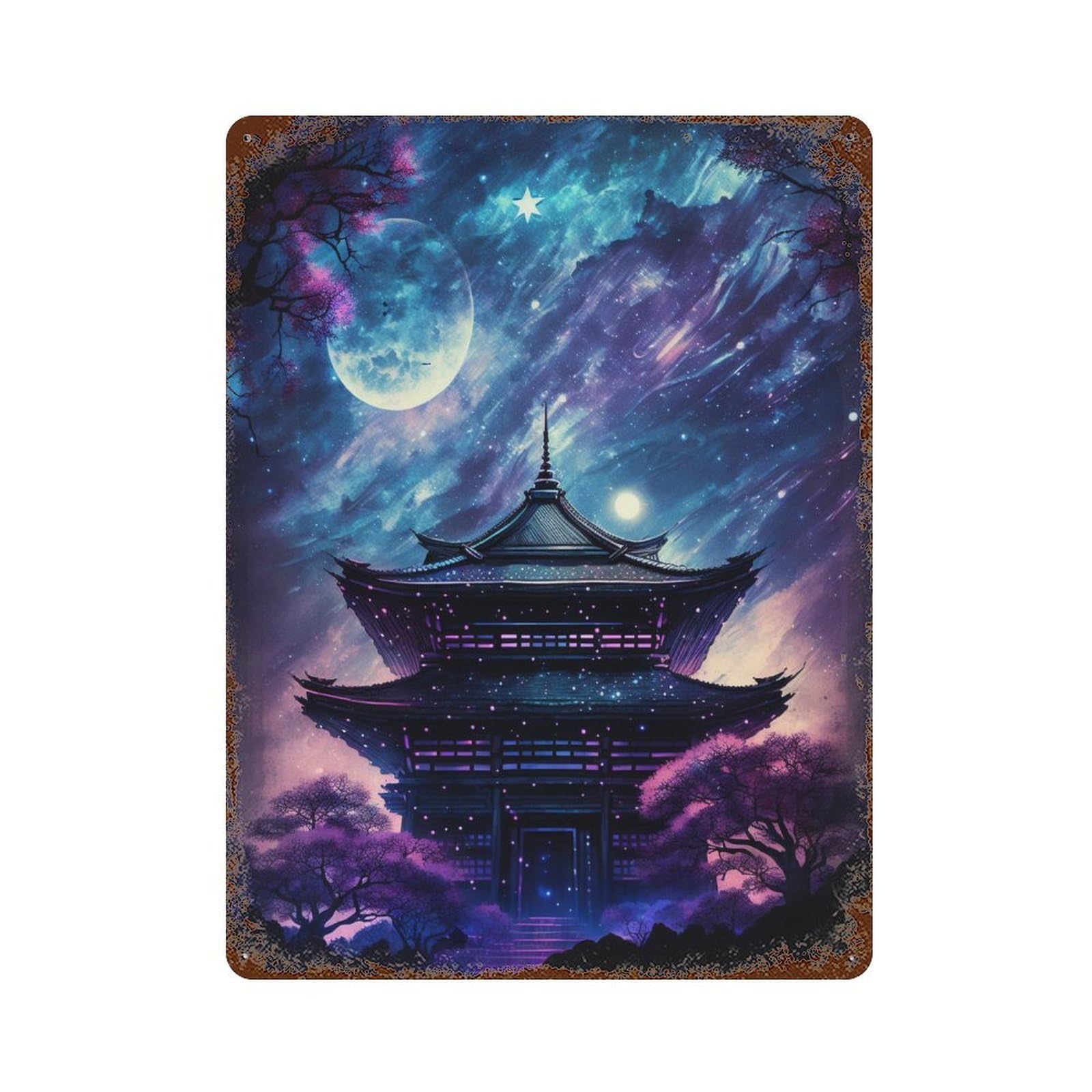 Enchanted Japanese Pagoda Night Sky Rustic Tin Plaque 15.7"x11.8", for Pub, Kitchen And Man Cave Decor, Vintage Wall Decor