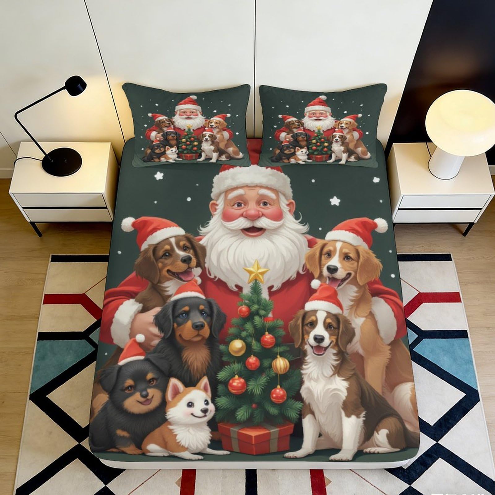 Jqzkxnhpbr Style-1 3D Printed Christmas Santa Dog Fitted Sheet Microfiber Soft Breathable Tree Bed Cover For Bedroom Guestroom Decor 90X200x25cm