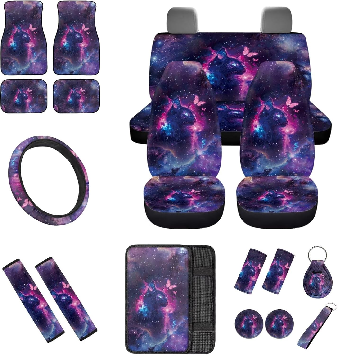 Black Cat Butterfly Car Seat Cover Full Set with Steering Wheel Cover Floor Mats Armrest Pad Seat Belt Pads Roof Handle Wraps Cup Coaster Keychain Auto Accessories Set of 18